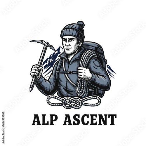 A bold illustration of a climber, ready for the ascent.  Alp Ascent.