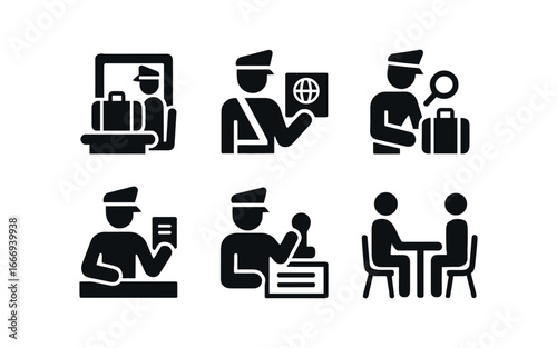 vector solid black filled icons customs officer (inspection): baggage scan passport check luggage search declaration form customs stamp interview desk.
