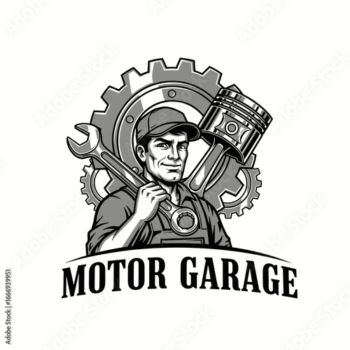 A logo for a motor garage featuring a mechanic with tools.