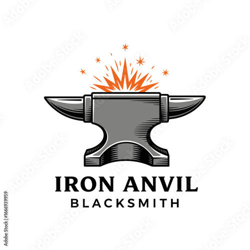 Anvil blacksmith logo with fire sparks.  Strong and fiery emblem.