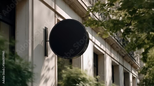 Black circular sign on a light beige building facade with greenery