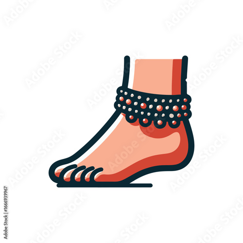 A close-up of a decorated foot wearing an ornate anklet, showcasing intricate details and elegance