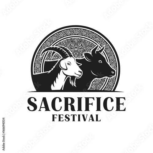 Logo for a sacrifice festival, featuring a goat and a bull within an ornate frame.