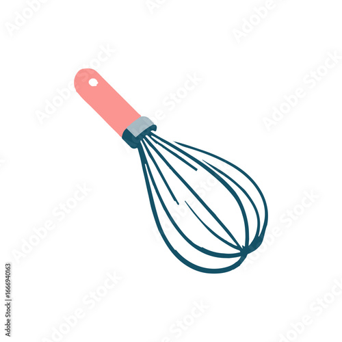 A colorful kitchen whisk with a pink handle, isolated on a white background, ideal for cooking