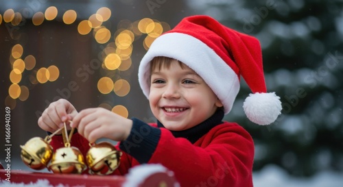 joyful child in santa hat decorating christmas sleigh with bells in snowy winter outdoors