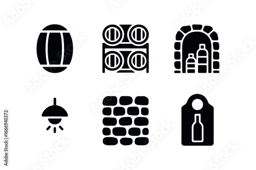 vector solid black filled icons cooper (storage): wine barrels racks cellar dim light stone walls labels.