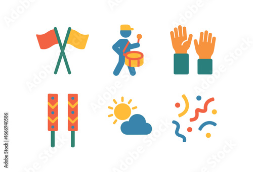 vector colorful filled icons stilt walking (parade): flags marching decorated stilts waving hands sunny sky confetti.