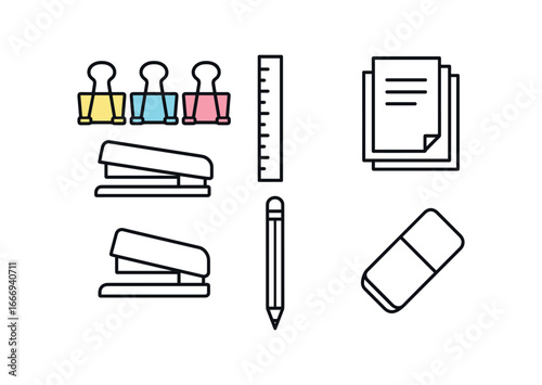 vector outline icons binder clip (stationery set): colorful clips ruler paper sheets stapler pencil eraser.
