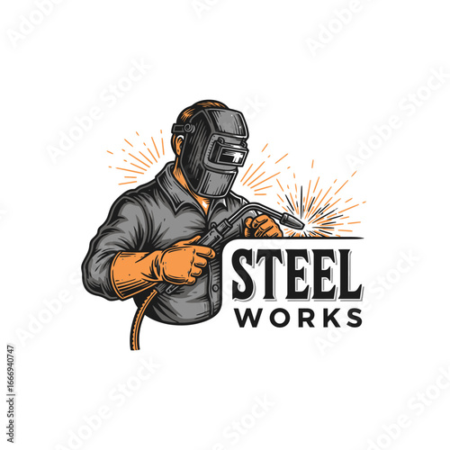A vintage-style logo featuring a welder at work.  Perfect for a steelworks company.