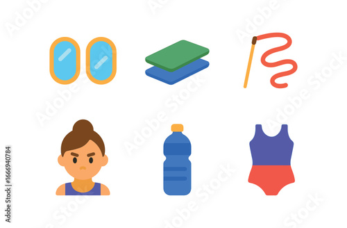 vector colorful flat filled icons ribbon twirling (practice): mirrors mats ribbon stick focused expression water bottle simple outfit.