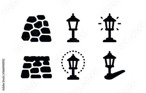 vector solid black filled icons lantern lit walkway (stone path): stone tiles lantern stands moss edge glow halo shadow smear light rim.