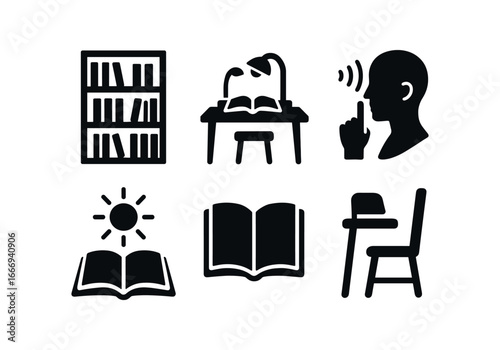 vector solid black filled icons late elementary stage (library): bookshelves reading table quiet space sunlight open books chairs.