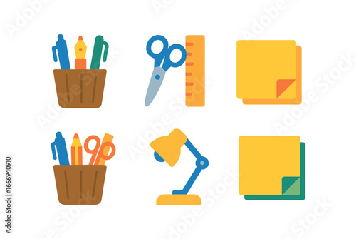 vector colorful flat filled icons pen holder (desk): wooden cup pens scissors ruler sticky notes lamp.