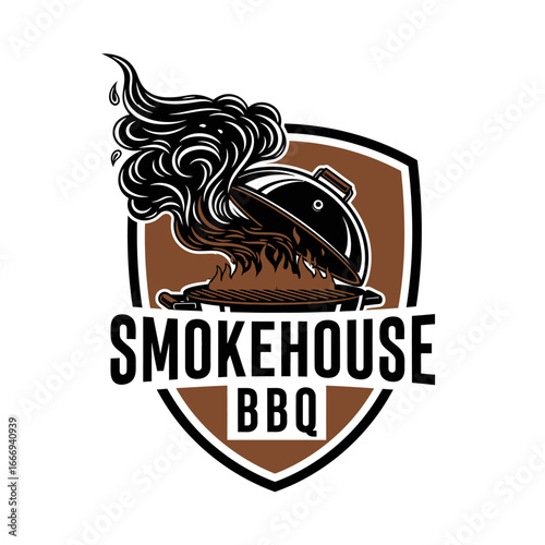 A vibrant logo for a BBQ restaurant, showcasing a smoky grill with flames.