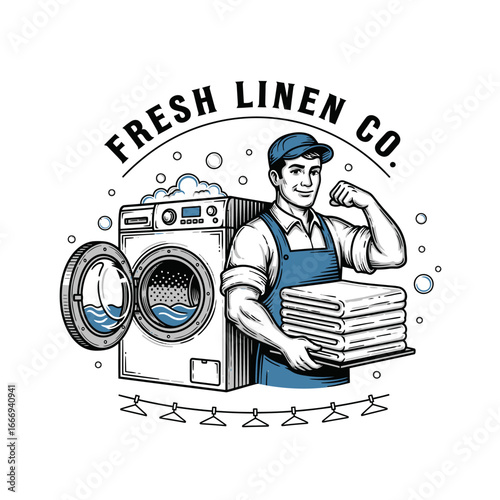 A strong man holding clean towels near a washing machine. Fresh Linen Co. logo.