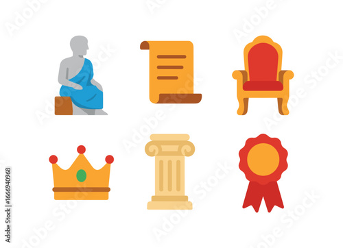 vector colorful flat filled icons composure (historic): marble statue old scroll ornate chair crown pillar seal.