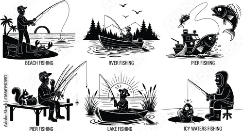 Fishing activity silhouettes showing beach, river, lake, pier, and ice fishing scenes with fisherman catching fish in nature