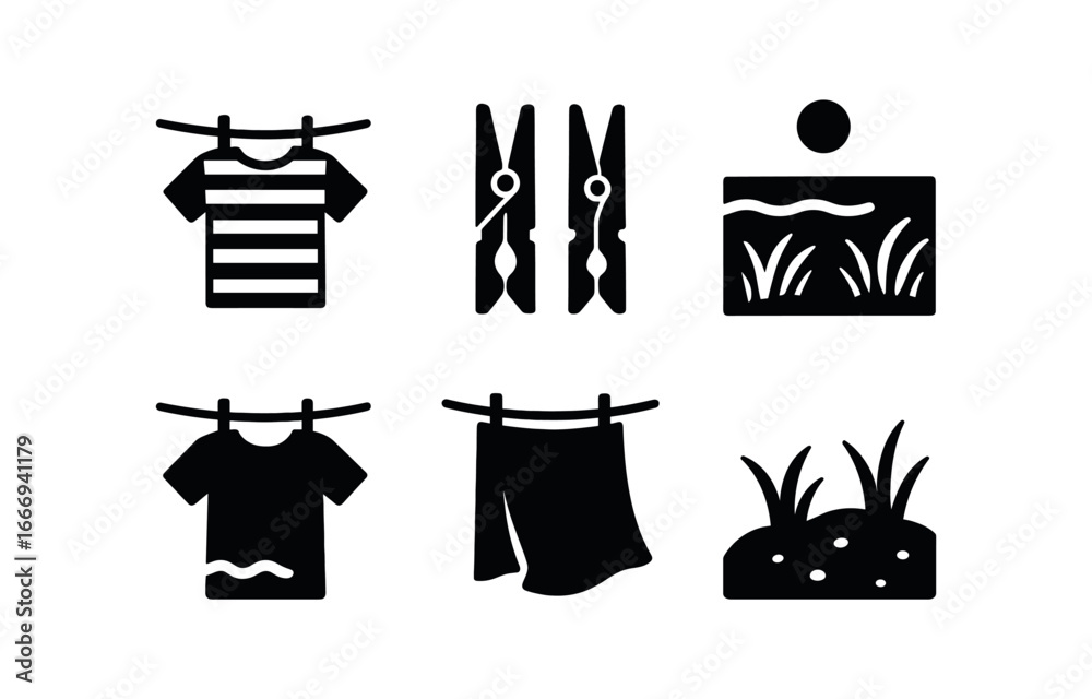 Fototapeta premium vector solid black filled icons washing line outdoors (coastal breeze): striped shirts metal pegs sea view dune grass fluttering towels sandy ground.