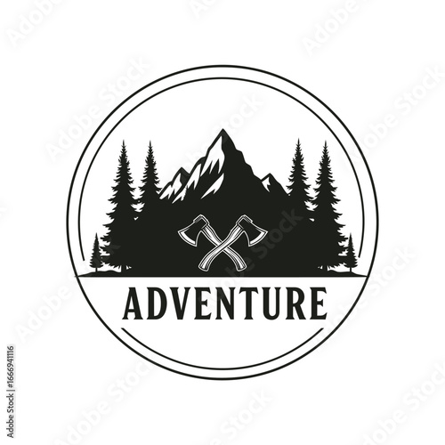 Mountain, forest, and axe emblem. Adventure awaits!