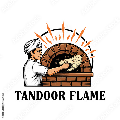 Tandoor Flame logo depicts a chef baking bread in a traditional tandoor oven.