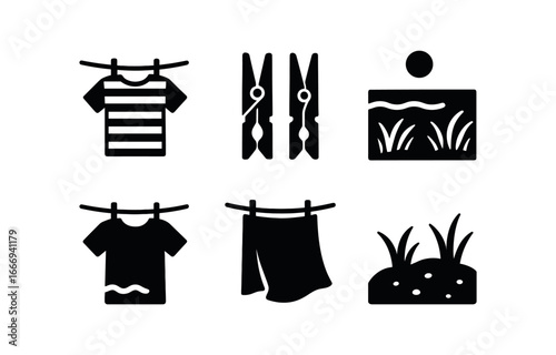 vector solid black filled icons washing line outdoors (coastal breeze): striped shirts metal pegs sea view dune grass fluttering towels sandy ground.