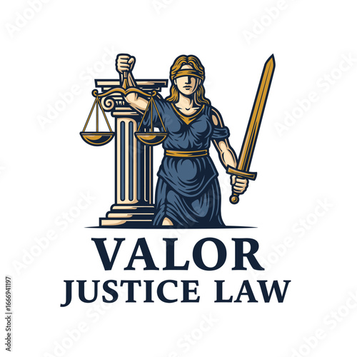 A logo for a law firm featuring Lady Justice, scales, and a sword.  Symbolizing justice, strength, and fairness.