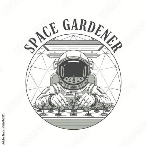 Astronaut tending plants in a space greenhouse. Futuristic farming concept.