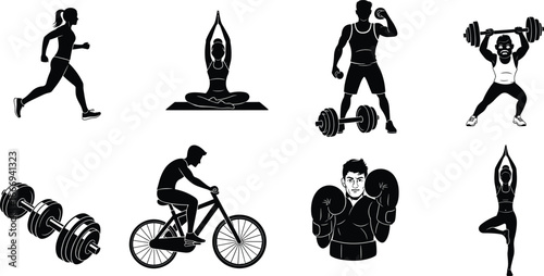 Fitness and workout silhouette vector set — yoga, running, weightlifting, cycling, boxing, and gym training poses collection