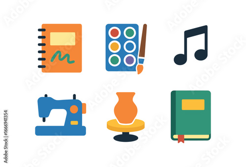 vector colorful flat filled icons self redefinition period (creative): sketchbook fresh paints music notes sewing machine pottery wheel journal.