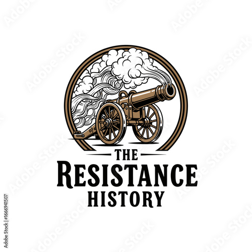 A logo design featuring a vintage cannon with smoke, symbolizing resistance and history.