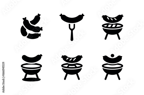 vector solid black filled icons BBQ grill with sausages (sausage links): link cluster fork tip grill mark shadow smear light rim mustard dot.