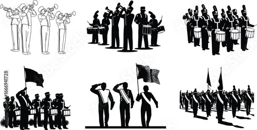 Marching band silhouettes, musicians with instruments, parade performers, flag bearers, drummers, trumpet players, marching formation, band performance illustration