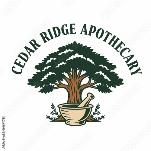 Cedar Ridge Apothecary logo featuring a tree, mortar, and pestle, symbolizing natural healing.