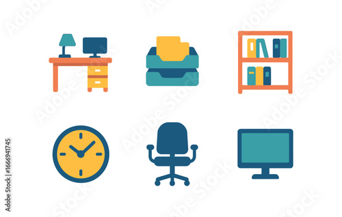 vector colorful flat filled icons transcriber (office): neat desk filing tray bookshelves clock chair monitor.