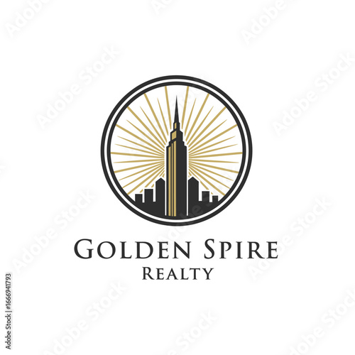A sophisticated logo for Golden Spire Realty, featuring a skyscraper and cityscape.