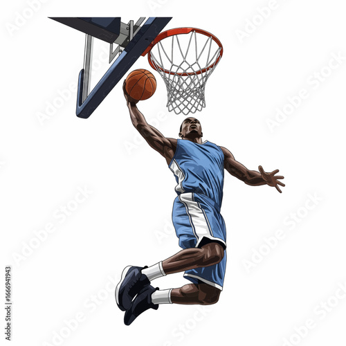 Realistic vector illustration of basketball slam dunk from below angle
