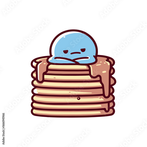 A whimsical blue character resting on a stack of pancakes with syrup, set against a simple background