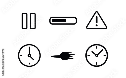 vector outline icons time tracking tool (idle detection): pause icon timer bar warning triangle clock face shadow smear highlight rim.