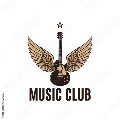 A logo for a music club featuring a guitar with wings and a star.