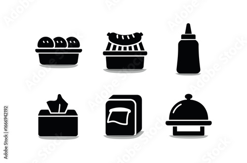 vector solid black filled icons street food stand (hot dog cart): bun rack sausage grill mustard squeeze napkin dispenser shadow smear light rim.