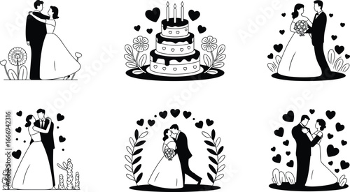Romantic wedding couple and cake vector silhouettes — bride and groom dancing, kissing, holding hands — floral and heart designs