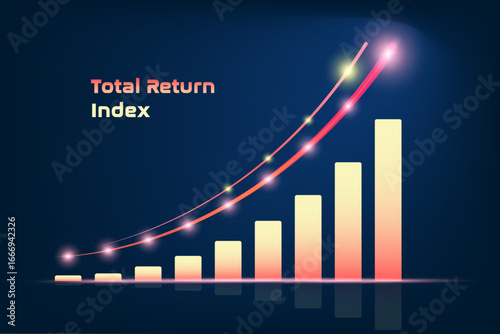 ETF total return index on stock market. Bar chart and line graph show financial growth. The graph visualizes a business trend, profit, or success with rising bars and an upward curve. Capital growth.
