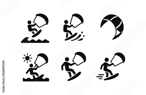vector solid black filled icons kitesurfing (wave jump): mid air spray trail clear sky colorful kite stance speed.