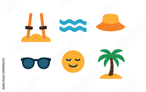 vector colorful filled icons stilt walking (beach scene): stilts in sand ocean waves sun hats sunglasses relaxed mood palm trees.