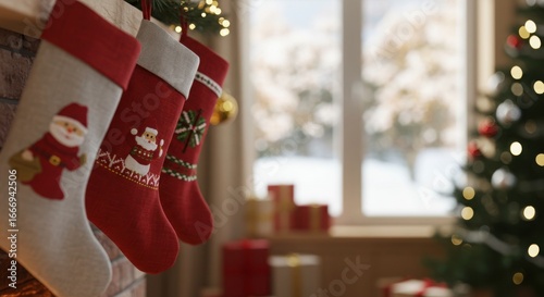 festive christmas stockings hanging by cozy fireplace with snowy window and decorated tree