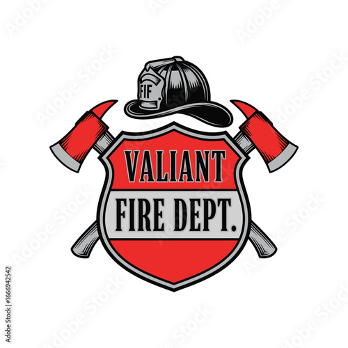 A striking logo for the Valiant Fire Department, featuring crossed axes, a helmet, and a bold shield.