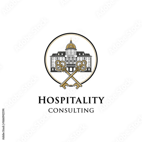 A sophisticated logo for hospitality consulting.  Features a hotel and crossed keys.