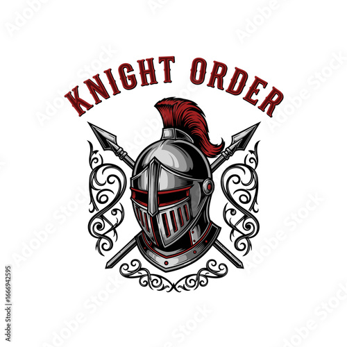 Knight Order logo featuring a medieval helmet, spears, and ornate design.