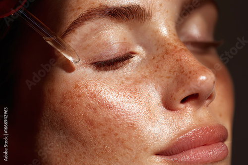 Close up of freckled woman with closed eyes applying serum with dropper on smooth glowing skin, highlighting natural beauty and skincare routine with soft lighting