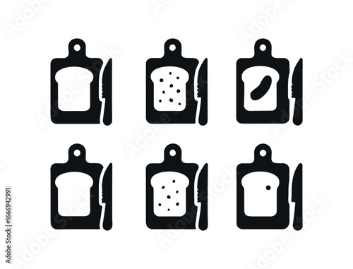 vector solid black filled icons chopping board and knife (bread slice): crust edge crumb speck knife serration butter smear board flour dust highlight dot.
